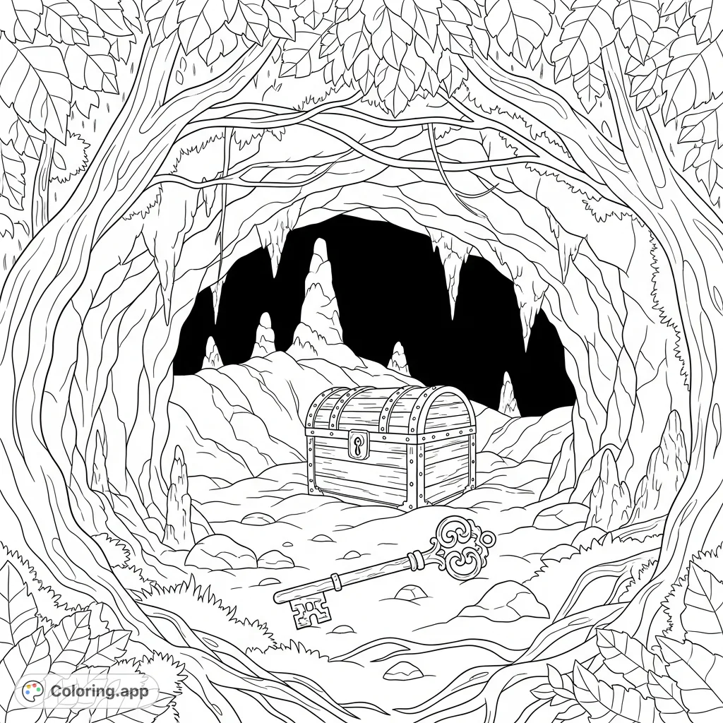 Discover a mysterious forest cave revealing a hidden treasure chest and an ornate key, waiting to be brought to life with your colors. A captivating adventure awaits.