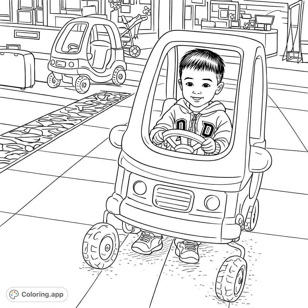 A happy child in a toy car ready for a fun ride. Perfect for sparking imagination and creative play adventures with a free printable coloring page.