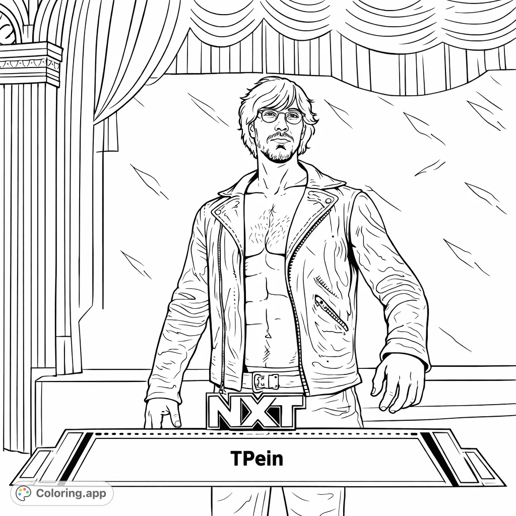 Capture the intense presence of a wrestler in an open leather jacket, ready for action against a dynamic stage backdrop. Perfect for fans and action enthusiasts.