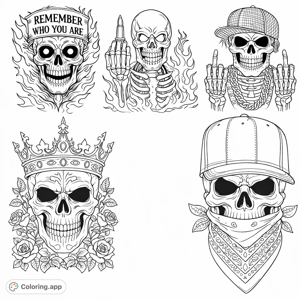 Explore a powerful collection of skull designs, featuring regal crowns, flaming skeletons, studded accessories, and cool bandanas, offering intricate details for expressive coloring.