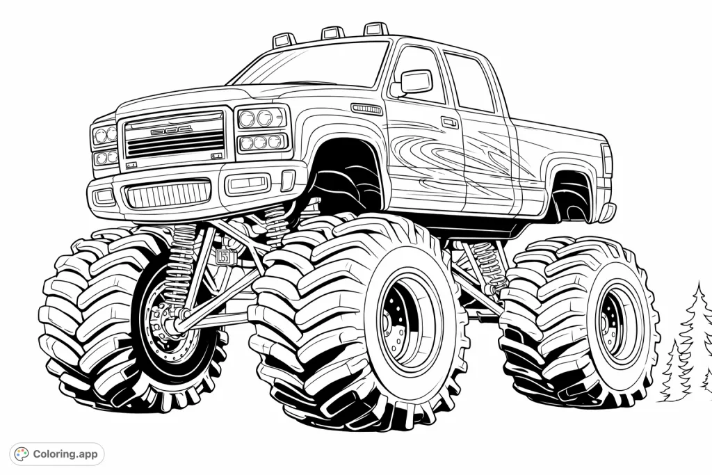 Unleash your creativity on this mighty monster truck coloring page! Featuring colossal tires, a lifted body, and intricate details, it's ready for an epic color transformation.