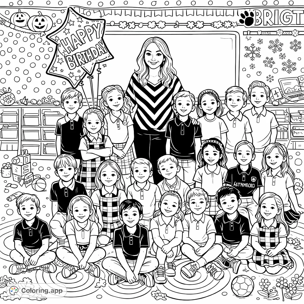 Celebrate with this delightful classroom birthday coloring page! Featuring a cheerful teacher and many happy students, ready for fun and creative expression.