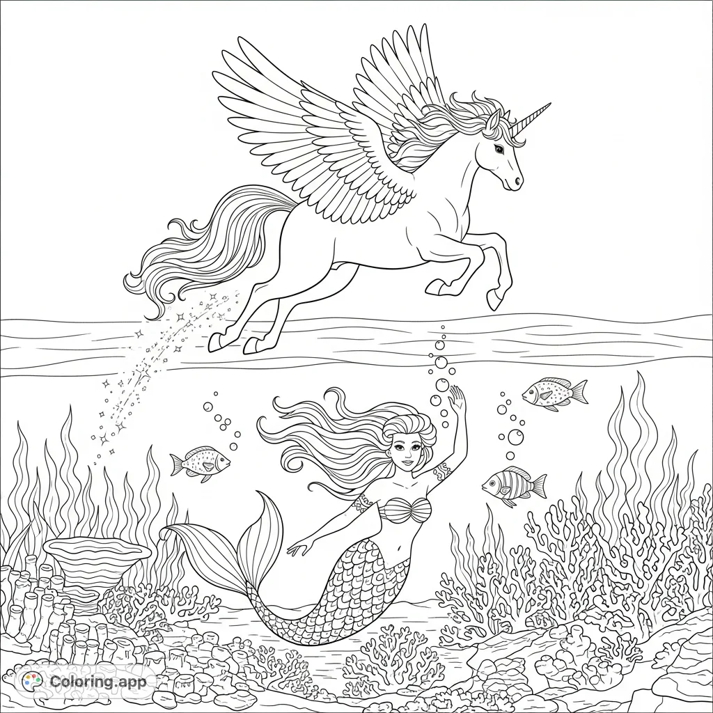 A magical unicorn flies above a beautiful mermaid waving from her underwater kingdom, surrounded by vibrant coral and playful fish. A fantasy creature coloring page.