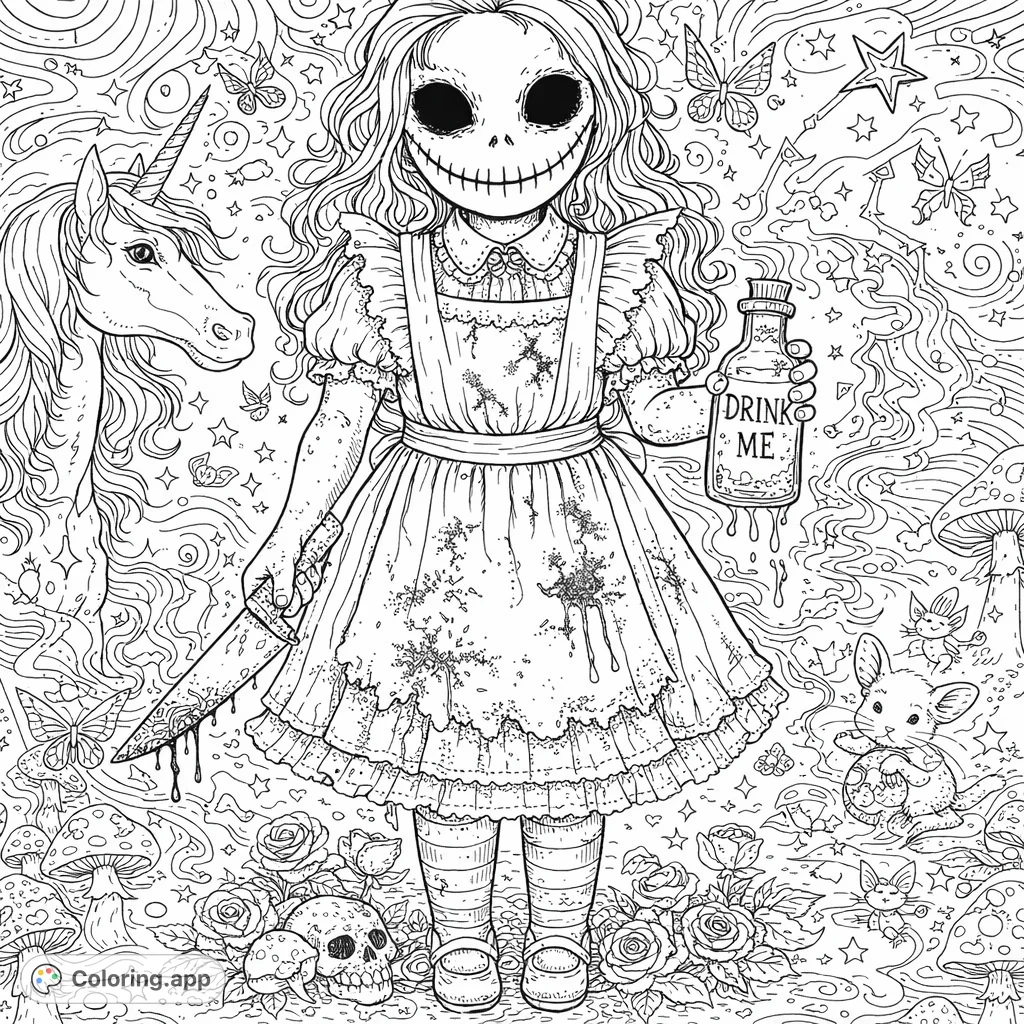 Delve into a dark wonderland fantasy coloring page. Highly detailed hand-drawn sketch with a twisted character, mystical horse, and trippy patterns.