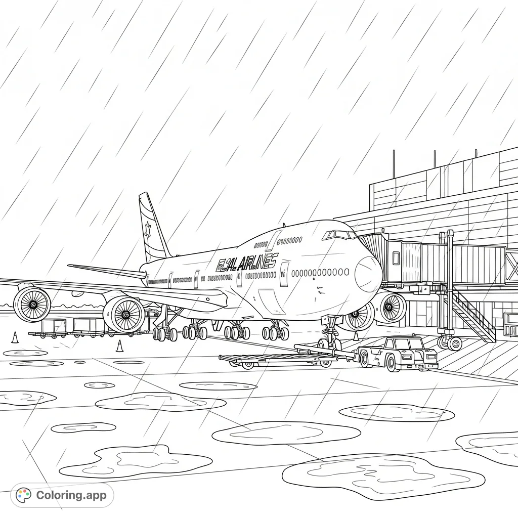 Color a detailed Al Ul airlines 747-8 jumbo jet on a rainy tarmac, featuring airport terminal, jet bridges, and ground equipment. An immersive aviation coloring page.