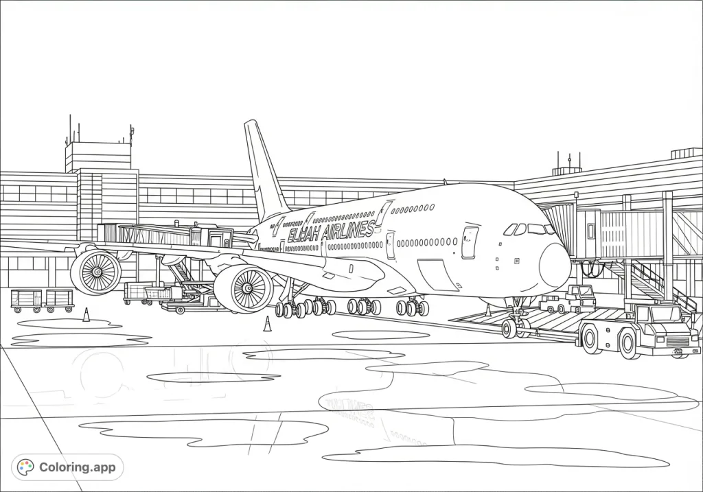Color a detailed Elijah Airlines A380-800 aircraft on the tarmac, complete with intricate engines, extended landing gear, airport terminal, jet bridges, and reflective puddles.