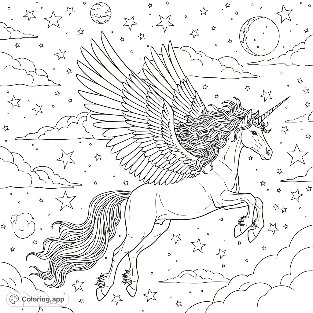 A majestic unicorn with flowing mane and tail soars through a vast, star-filled night sky, its wings outstretched in graceful flight. A magical journey awaits!