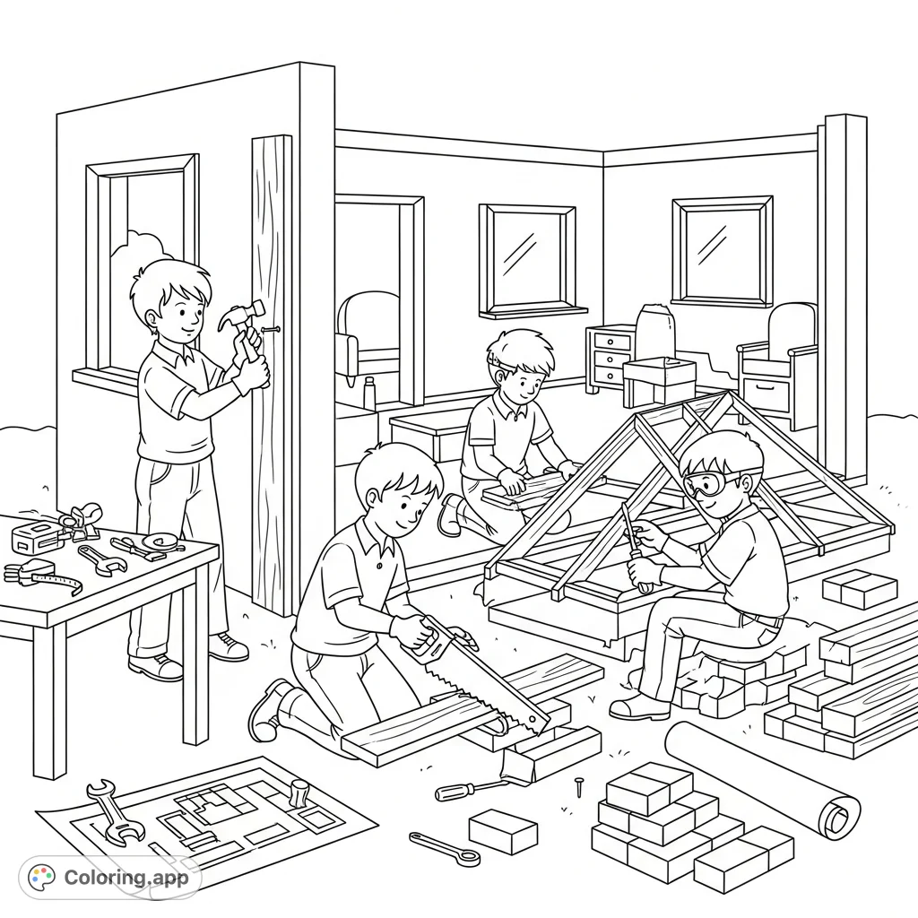 A lively construction scene where boys use various tools like hammers, saws, and screwdrivers to build a house and rooms, fostering creativity and practical skills.