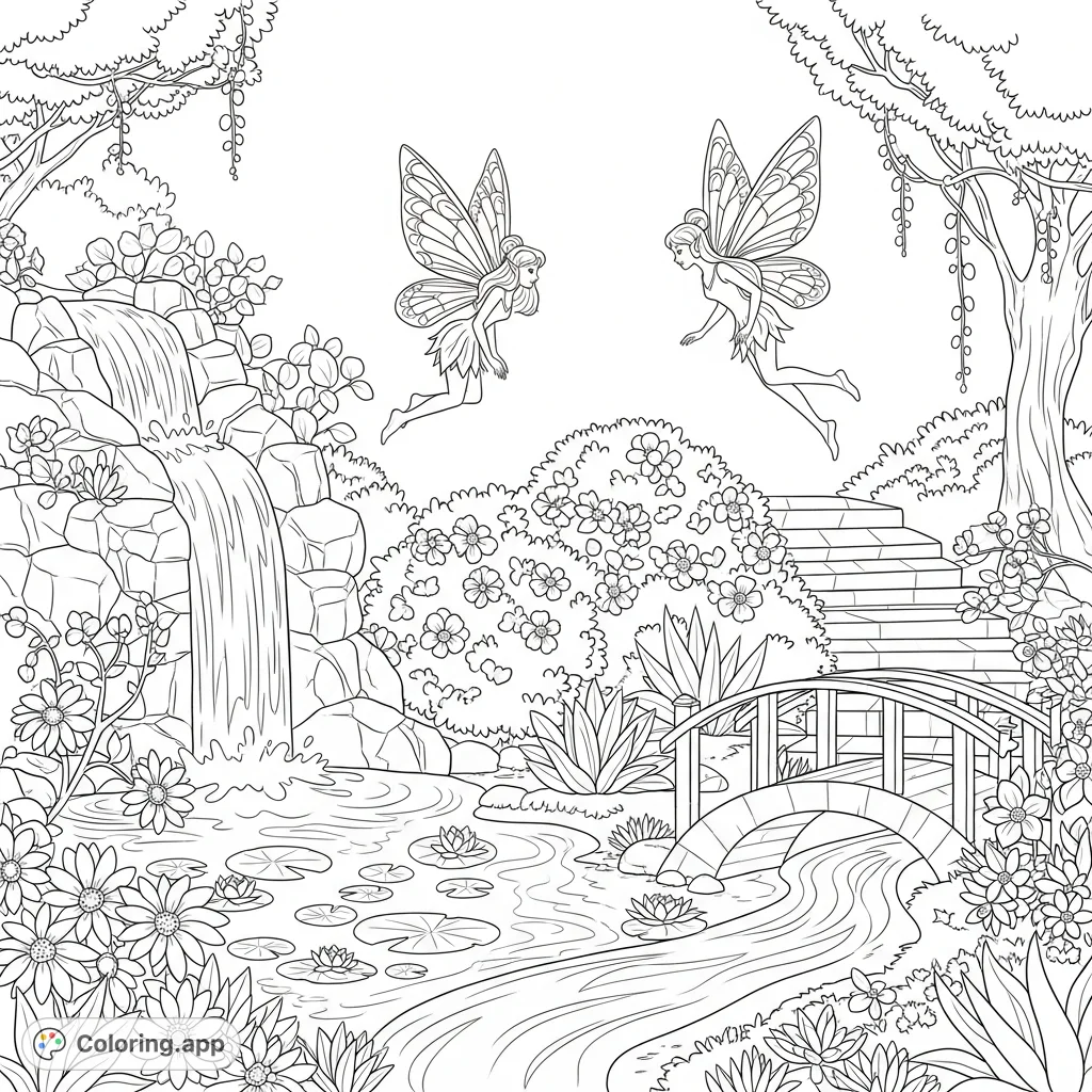 Two enchanting fairies with delicate wings soar past a lush garden, complete with a cascading waterfall, serene pond, and intricate floral details. A magical scene.