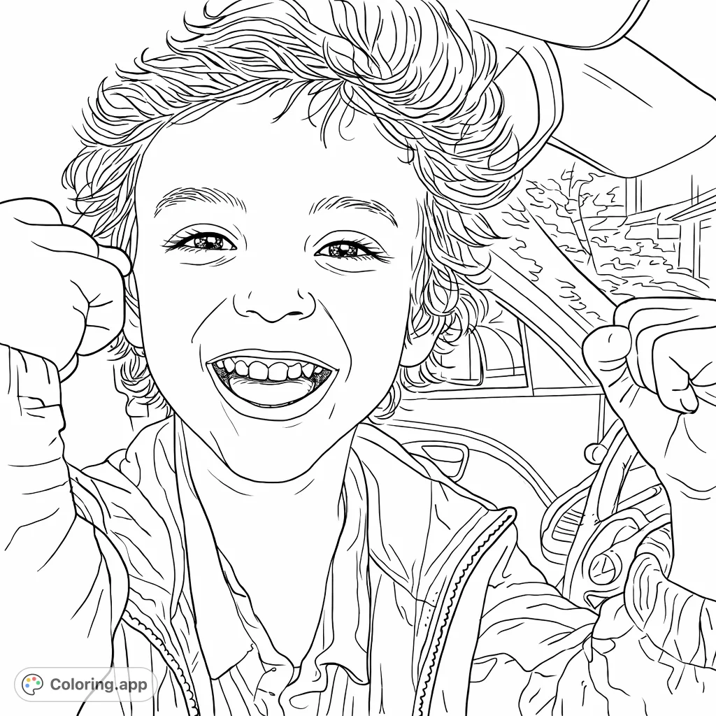 Capture a moment of pure joy with this excited child coloring page! Features a wide smile, messy hair, and raised fists in a car interior.