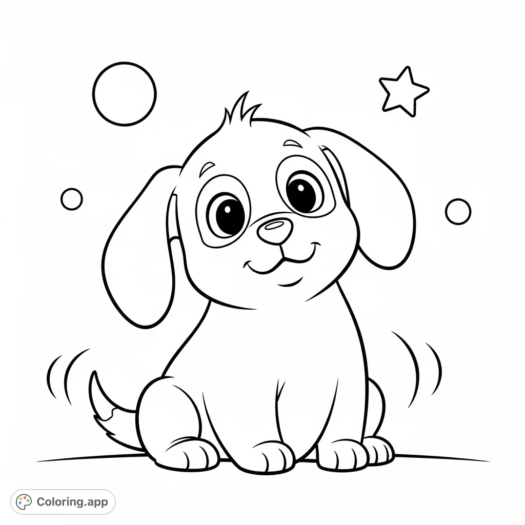 An adorable cartoon puppy with a playful expression, surrounded by simple shapes, perfect for young artists to fill with bright hues. A charming dog coloring page.