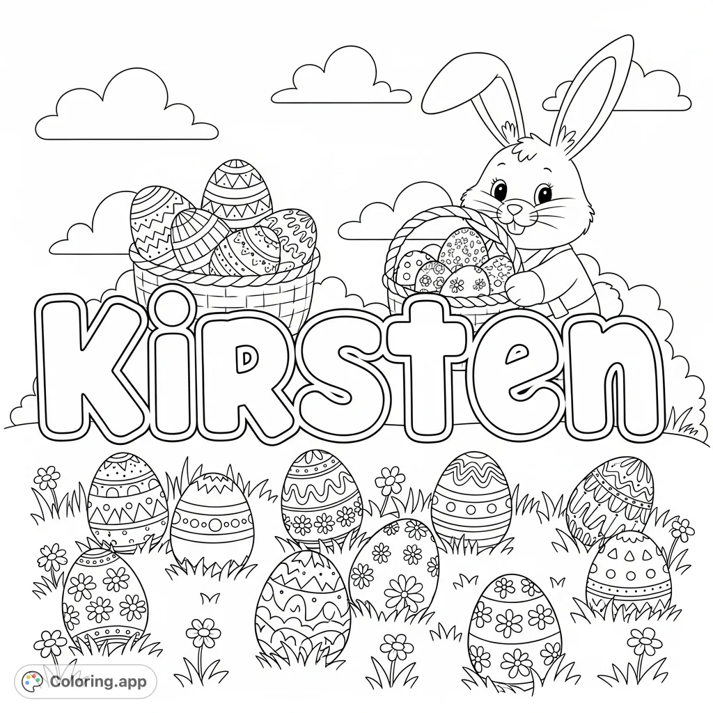 A delightful Easter eggs bunny coloring page featuring the name Kirsten, surrounded by a friendly bunny, a basket of eggs, and spring flowers. Perfect for personalized fun!
