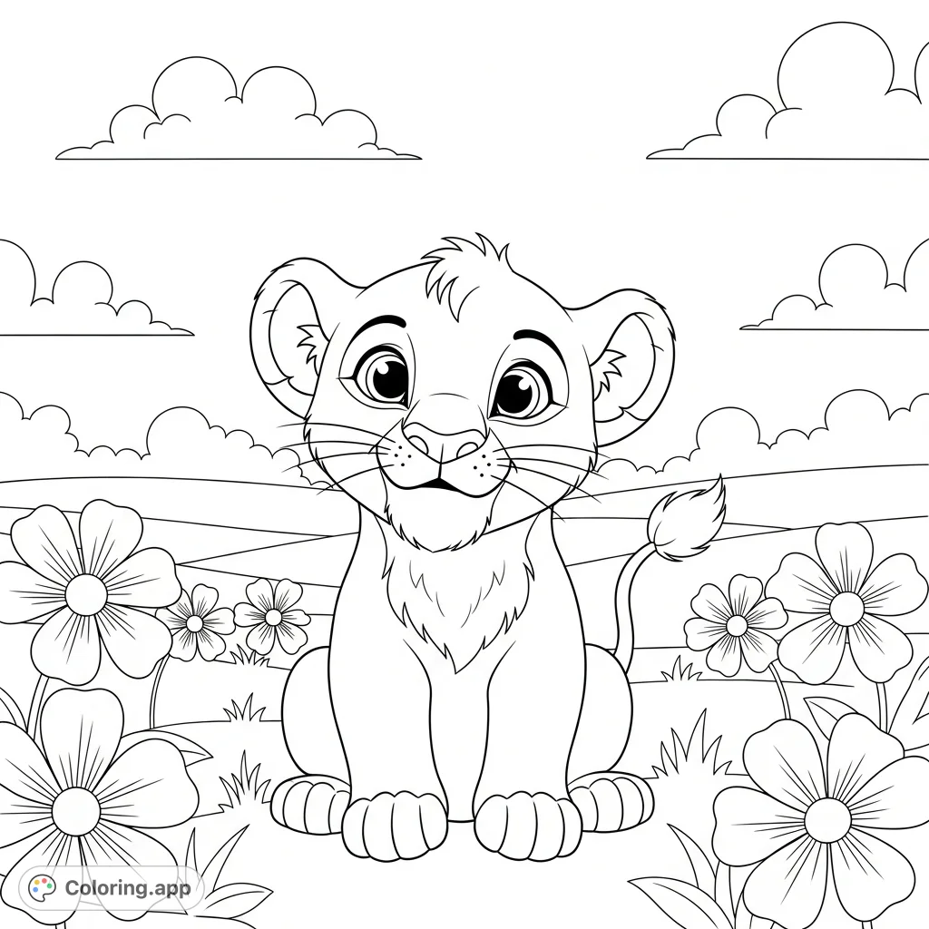 A joyful lion cub sits among whimsical flowers and soft clouds in a sunny meadow. Perfect for young artists to explore imagination and develop fine motor skills.