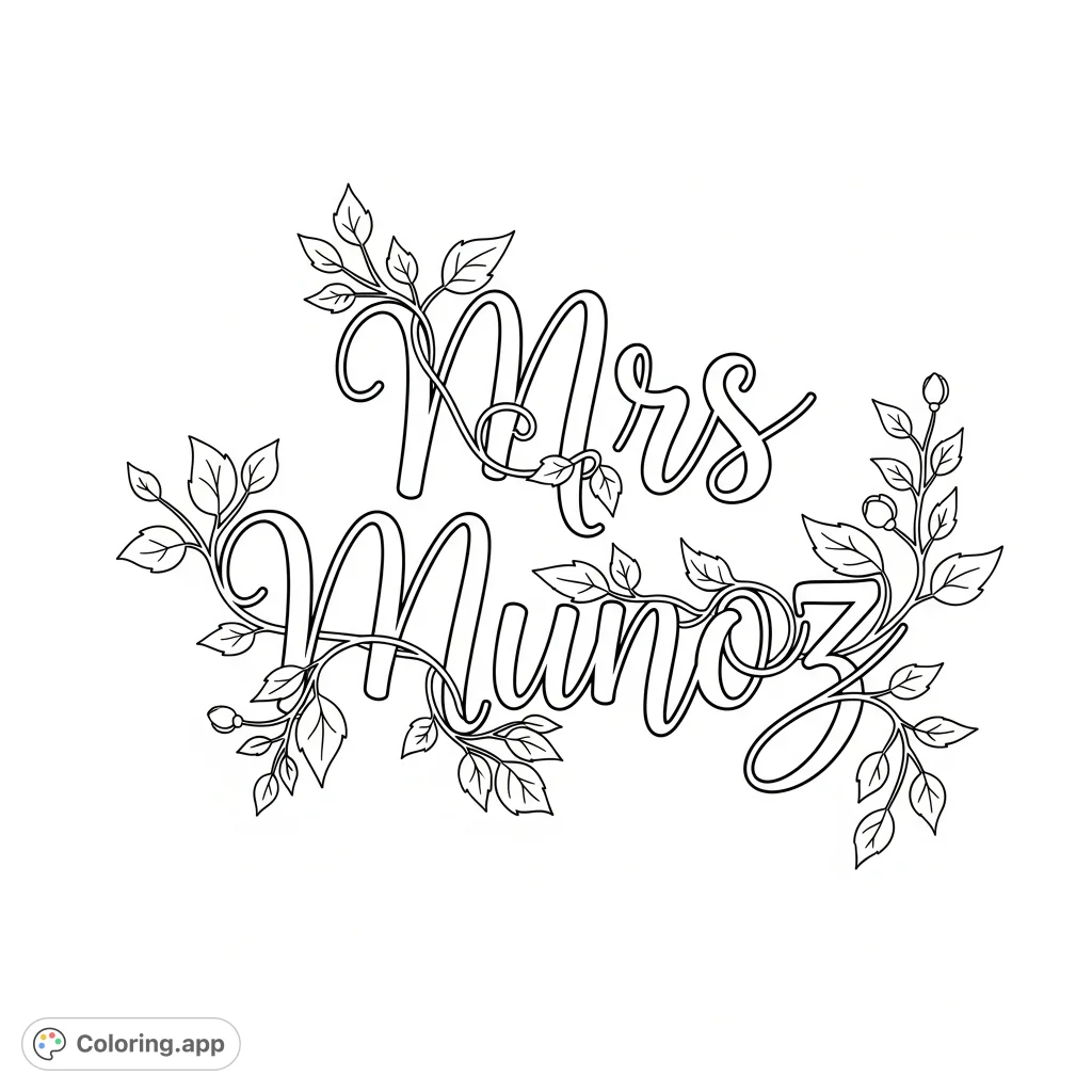 An elegant cursive "Mrs Munoz" script adorned with delicate vines, varied leaves, and small flower buds for a personalized, botanical typography coloring page.