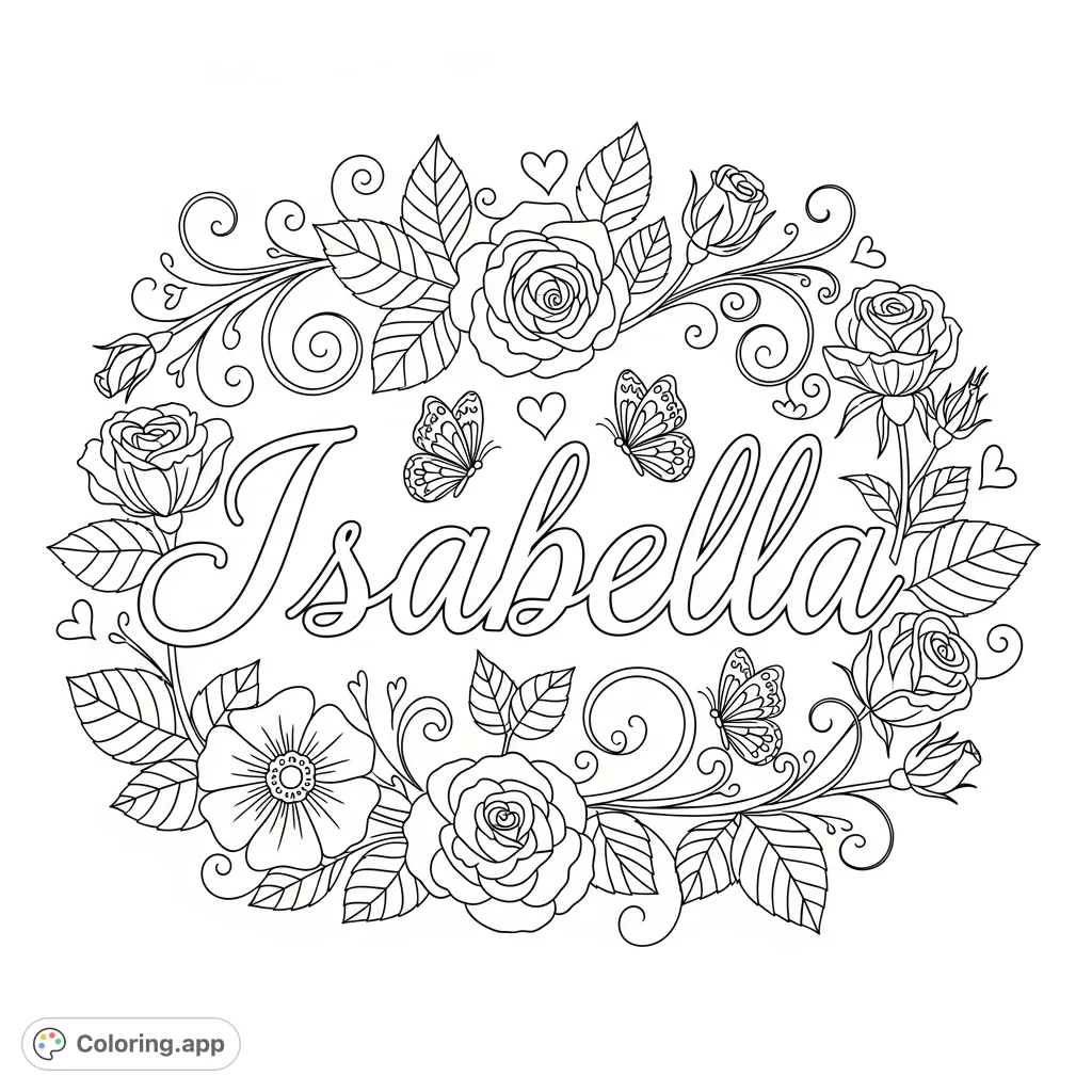 A beautiful 'Isabella' name coloring page featuring elegant script intertwined with delicate floral designs, perfect for personalized art and creative expression.
