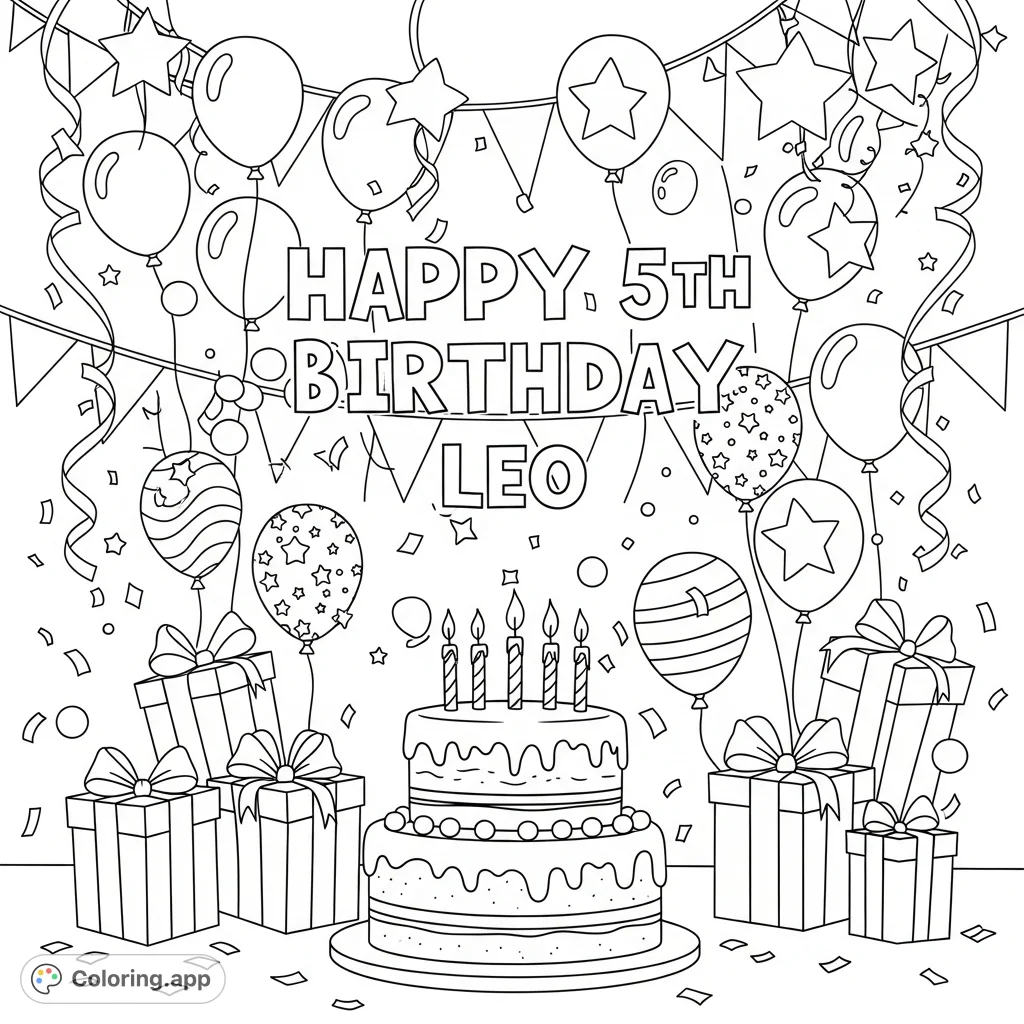 Celebrate a special 5th birthday with this personalized coloring page featuring a festive cake, balloons, presents, and "Happy 5th Birthday Leo" text!