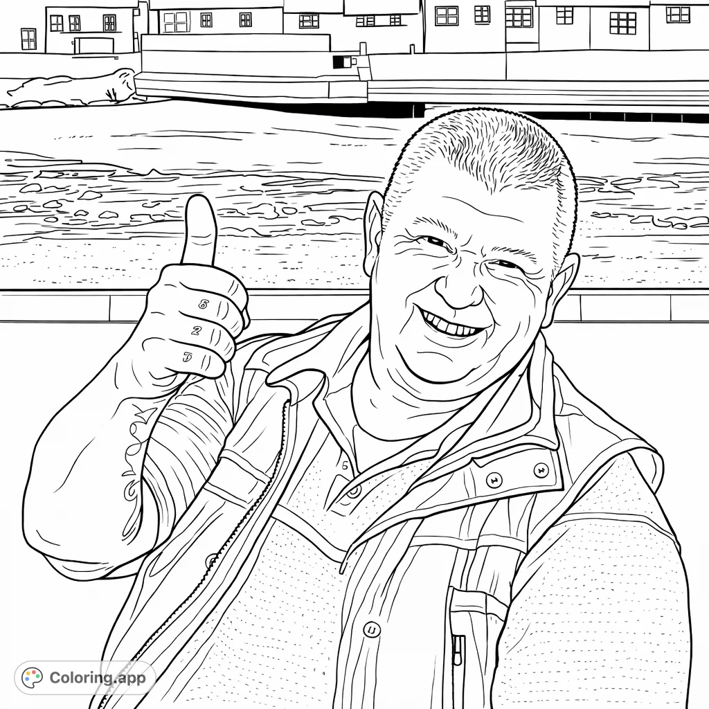 A cheerful man giving a thumbs-up, inviting you to color his joyful expression and detailed attire against a scenic waterfront backdrop.