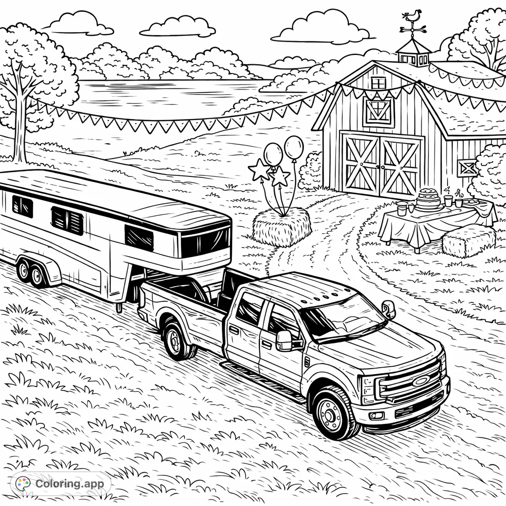 Hit the open road with this country truck and trailer adventure coloring page! Featuring a powerful pickup, a horse trailer, and scenic rural backdrop.