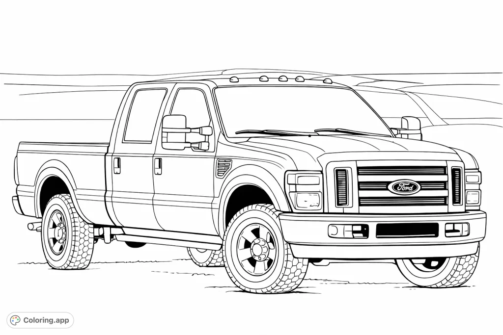 Color this detailed heavy-duty pickup truck against a simple landscape. Perfect for vehicle enthusiasts to personalize with their favorite automotive finishes.