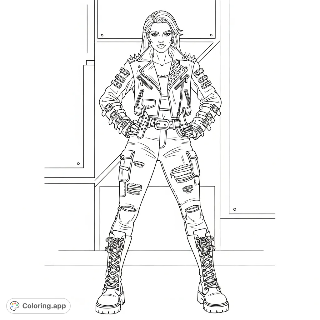 Unleash your inner rebel with this rock-style woman coloring page! Featuring a bold outfit and attitude, it's a dynamic canvas for creative expression.
