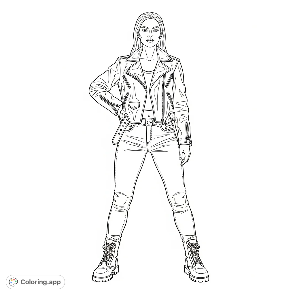 Unleash your inner artist with this rock-style woman coloring page, featuring a bold attitude, leather jacket, and detailed boots. Perfect for fashion enthusiasts!