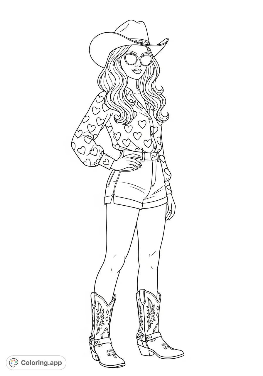 A trendy young woman showcases her fashion sense with a heart-patterned blouse, short shorts, a classic cowboy hat, cool sunglasses, and iconic cowboy boots.