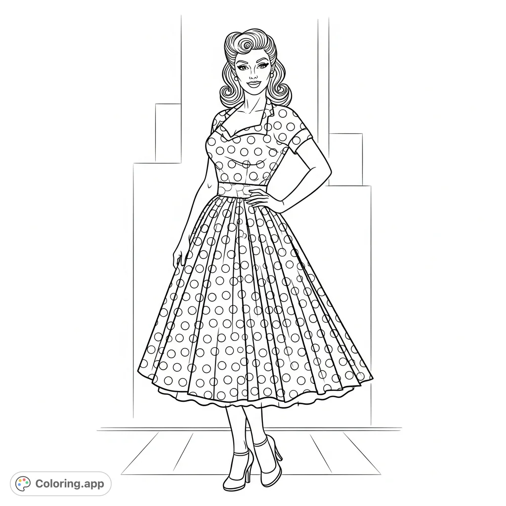 Step into the past with this vintage pin-up coloring page! A charming woman in a polka dot dress and retro hairstyle awaits your creative touch.