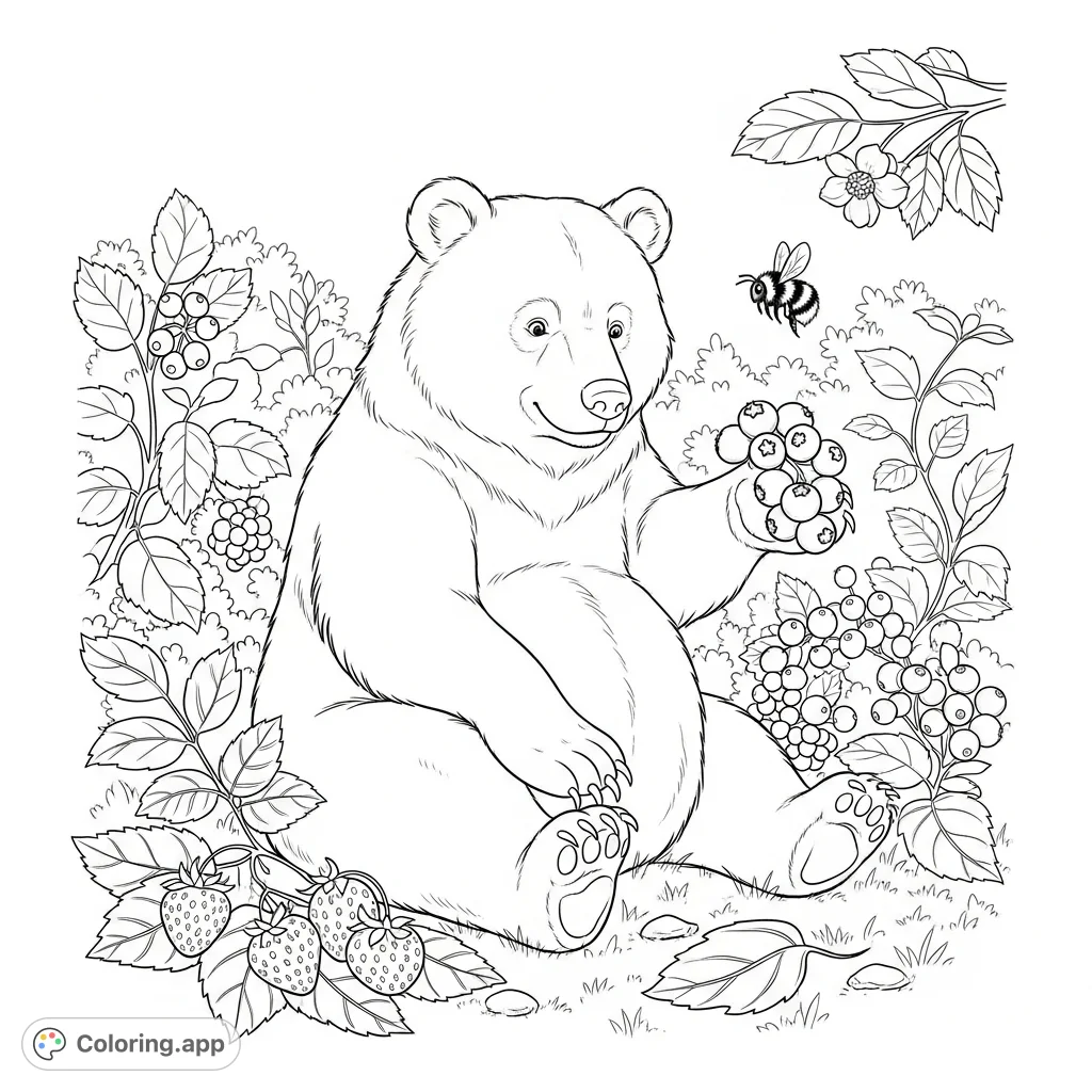 Discover a delightful bear on the forest floor, gently reaching for berries amidst lush bushes. A charming bumblebee adds to this serene nature scene.