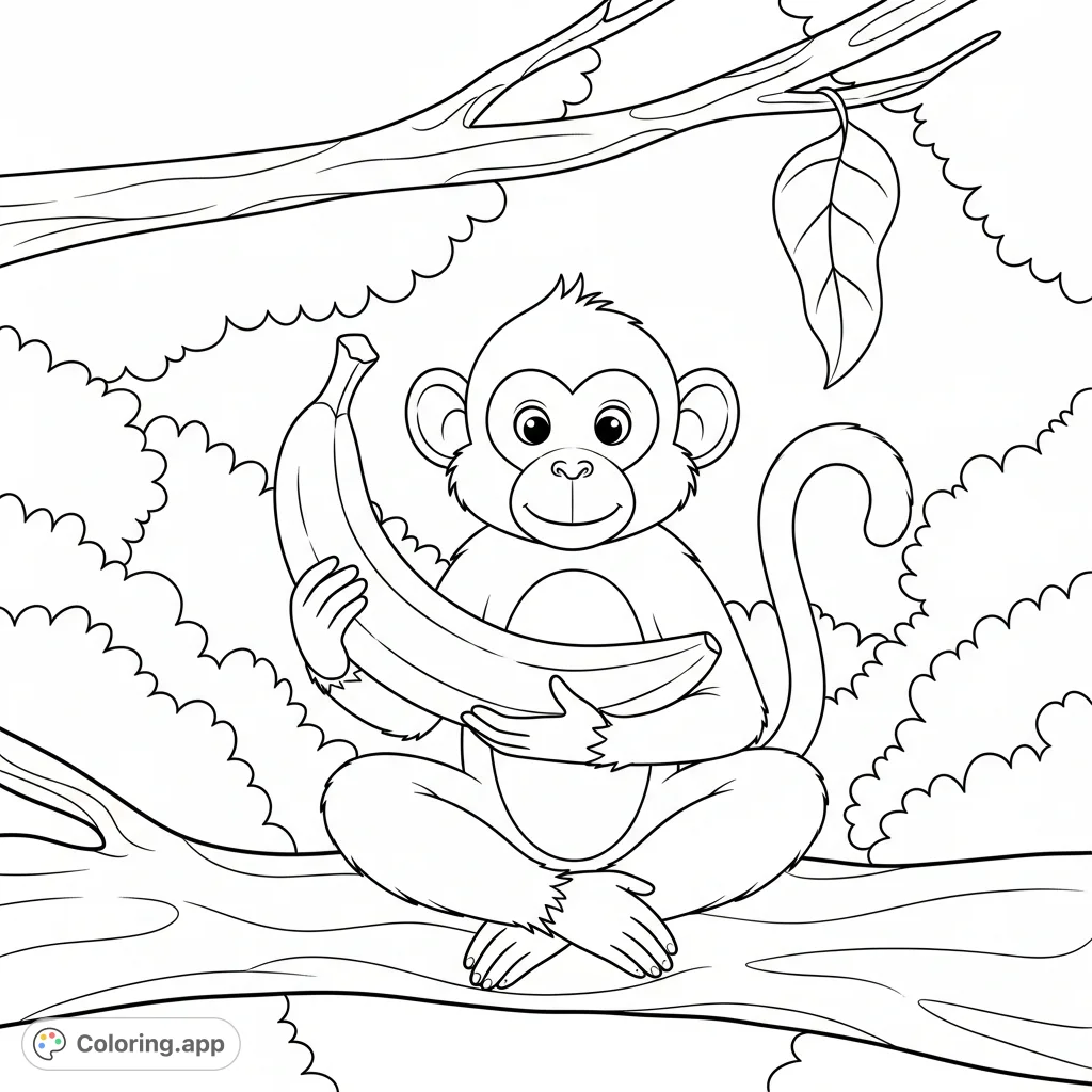 A cheerful monkey sits on a sturdy tree branch, holding a banana, set against lush jungle foliage. A delightful scene for kids and all ages.