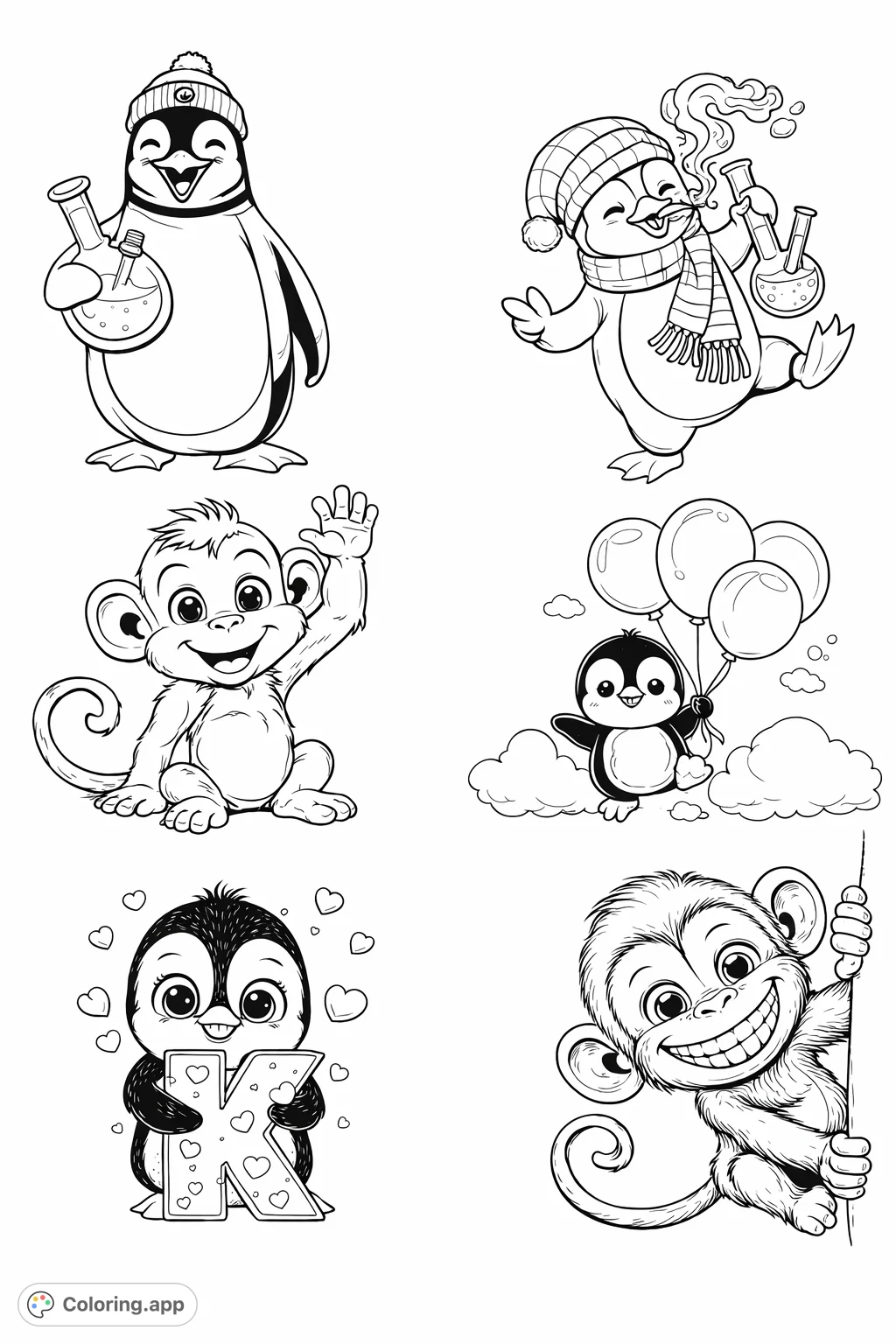 A delightful coloring page featuring a happy baby monkey waving hello, perfect for young artists. This playful monkey friend promises hours of creative fun.