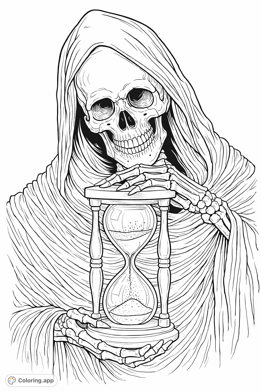 An intricate Grim Reaper coloring page featuring a detailed skull and bony hands holding an elegant hourglass, perfect for a challenging artistic endeavor.