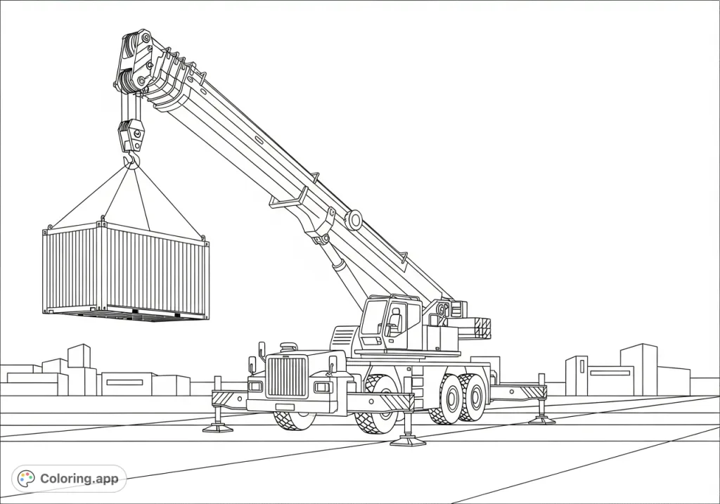A detailed industrial truck crane in the midst of lifting a large cargo container. Features complex machinery, making it an engaging challenge for colorists of all levels.