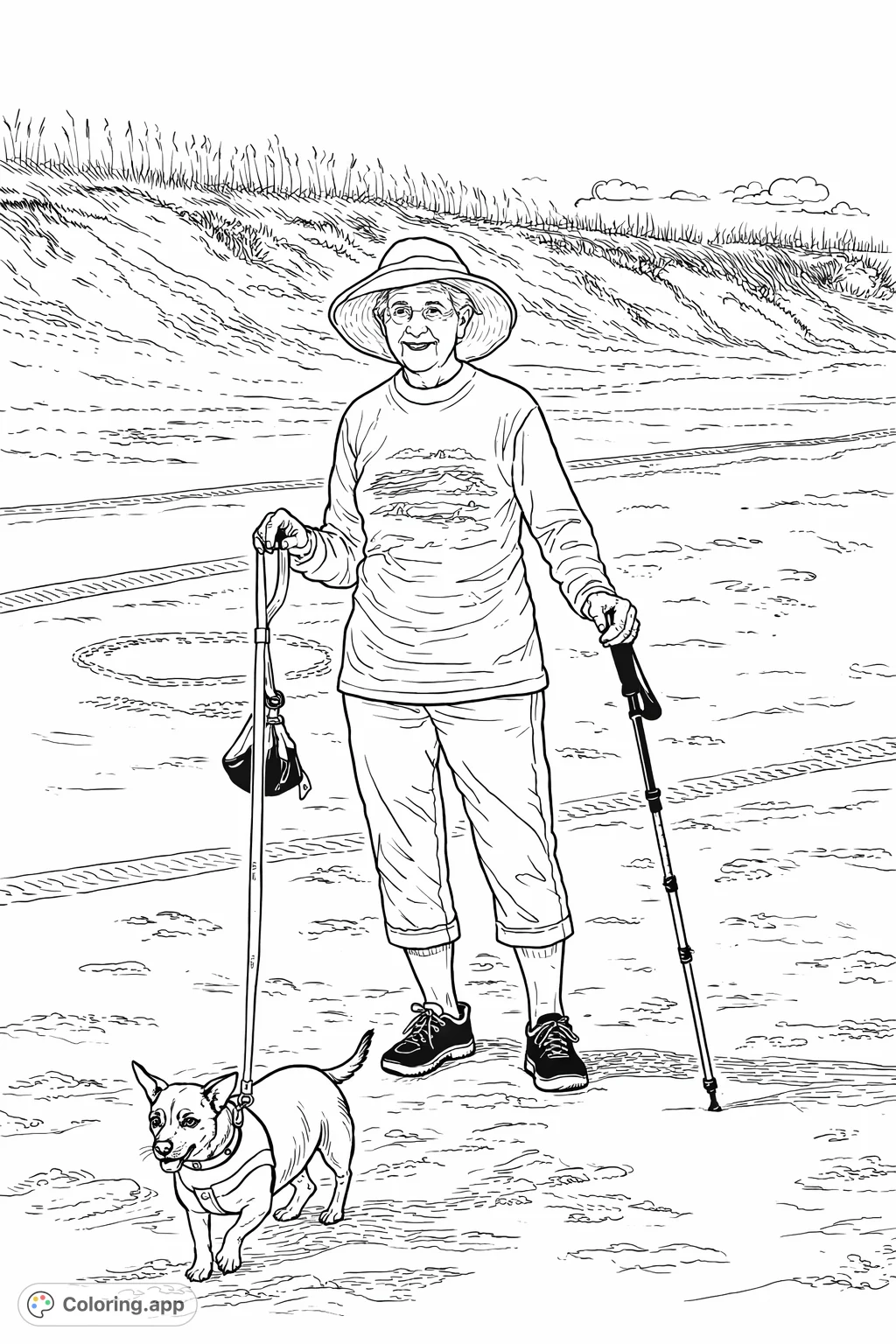 A serene beach scene featuring an individual enjoying a stroll with their small dog, complete with sandy dunes and a vast sky.