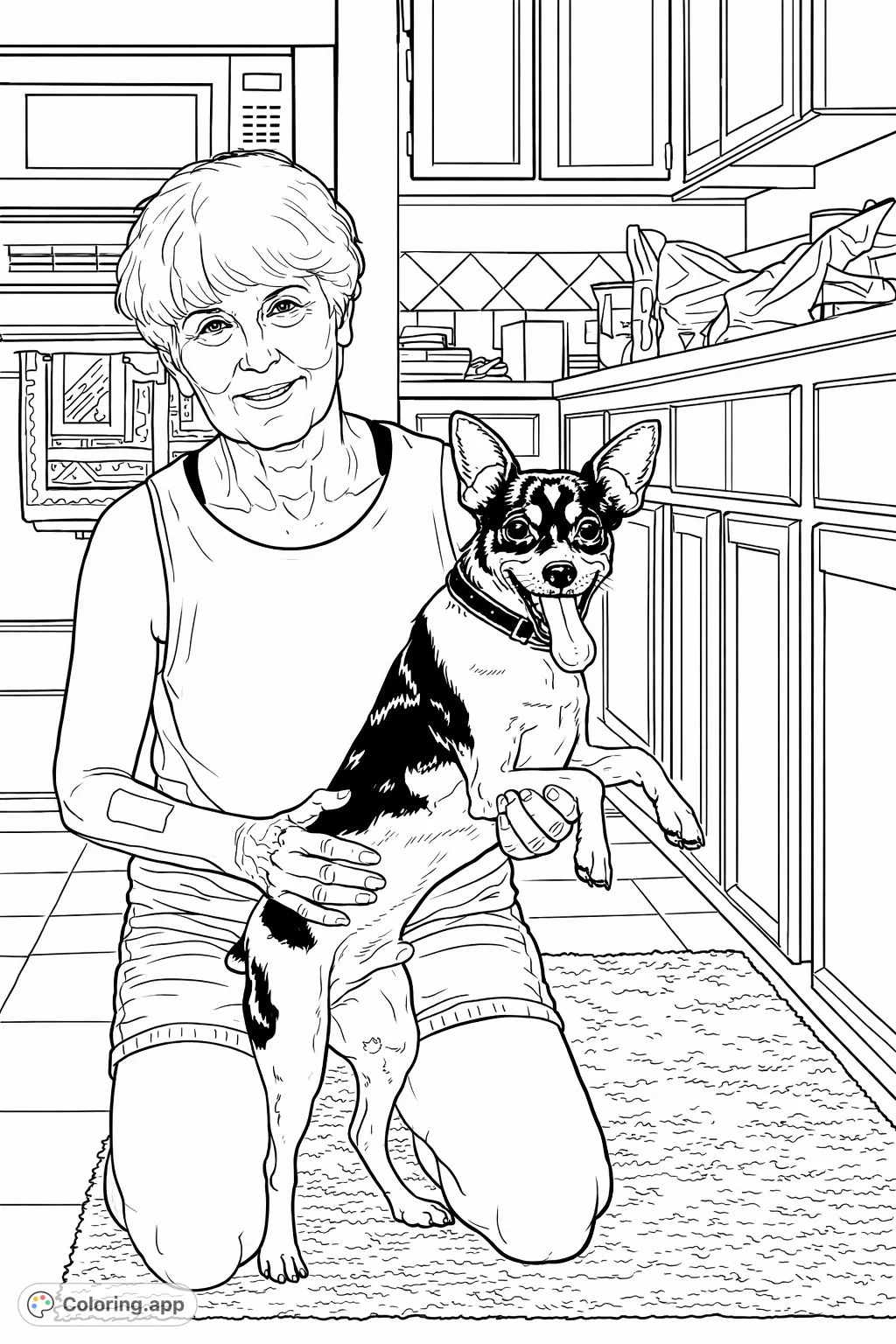 A heartwarming coloring page featuring a smiling woman kneeling and gently holding her playful dog, tongue extended, in a cozy kitchen setting.