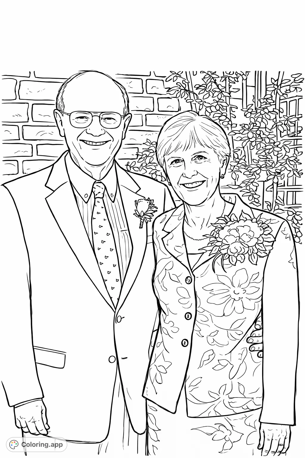 Capture the loving smiles of a formally dressed couple in this detailed coloring page. Perfect for celebrating family bonds and special occasions.