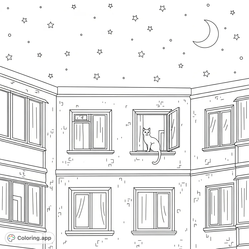 An enchanting night scene of an apartment building with a curious cat peering from an open window, framed by a star-filled sky. Perfect for urban explorers!