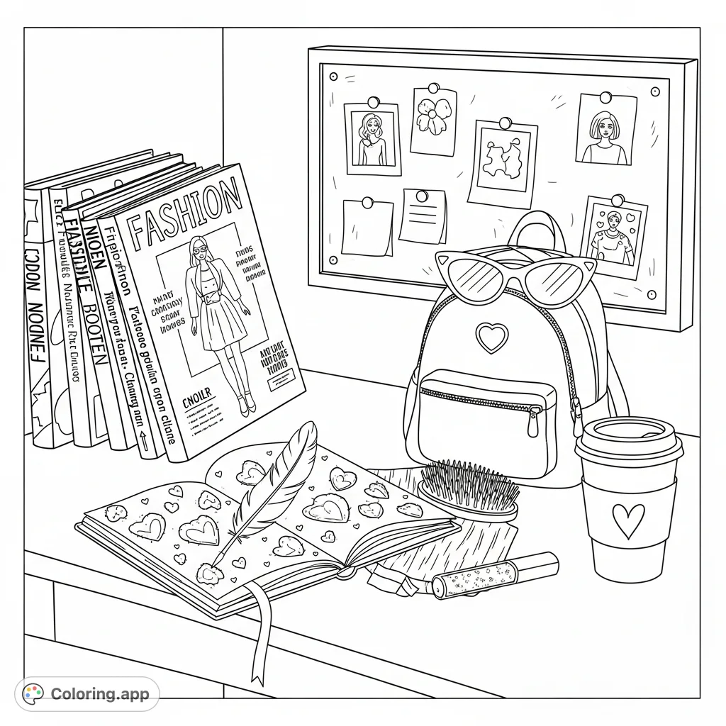 Explore a high school student's inviting desk corner, filled with magazines, a diary, stylish accessories, and a charming coffee cup. A detailed teen desk coloring page.