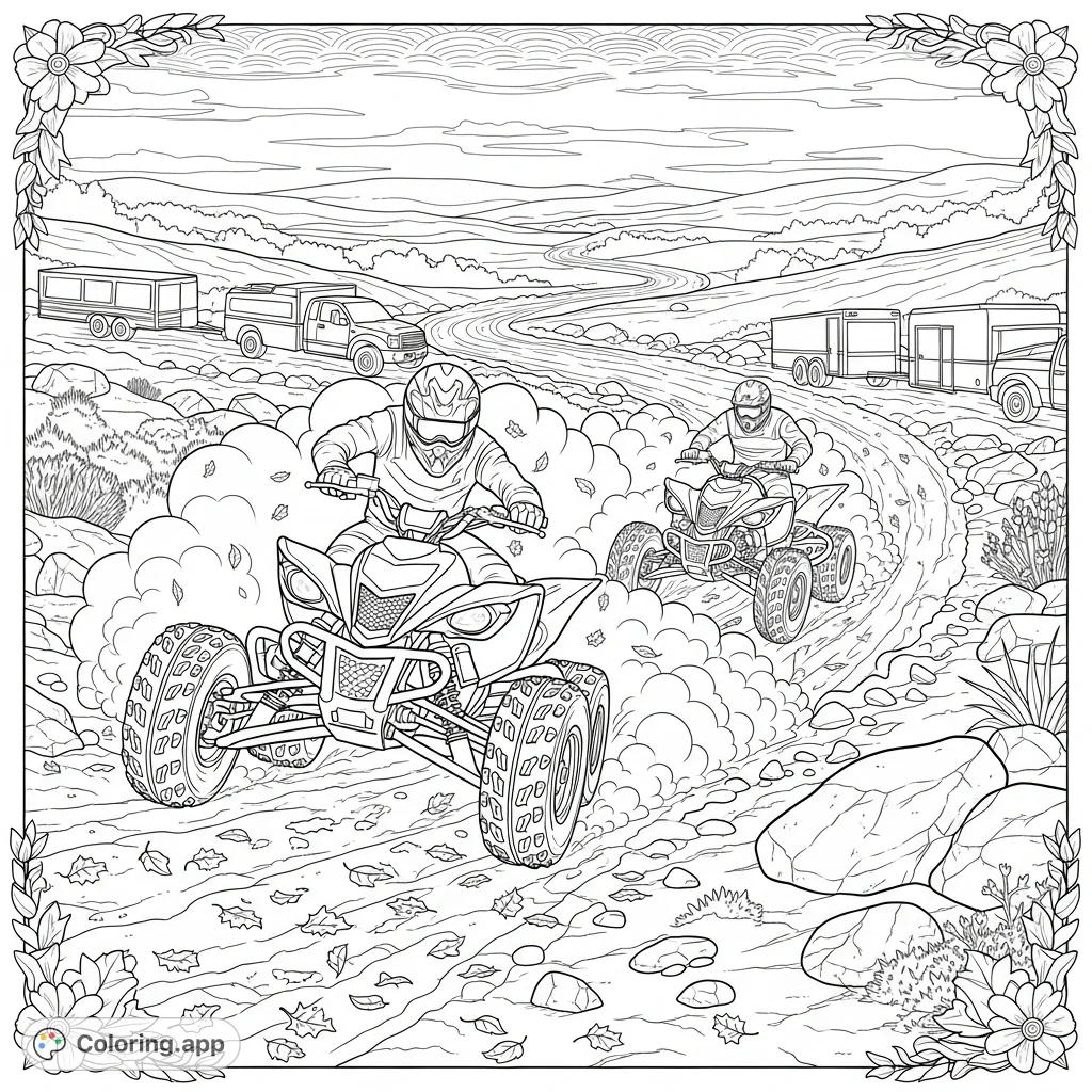 Experience the thrill of off-road adventure with two dynamic ATV riders navigating a rugged trail, kicking up dust and conquering challenging terrain.