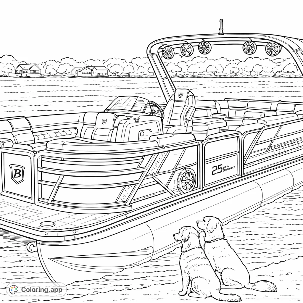 Explore this modern pontoon boat coloring page, featuring comfy seating, cool details, and a serene lake backdrop with homes and playful dogs. A free printable coloring page for all ages.