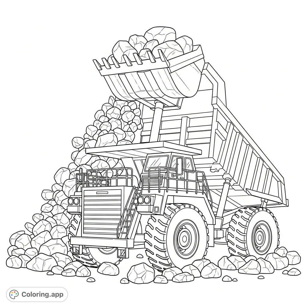 A powerful dump truck is featured, actively unloading a large pile of rocks, perfect for a construction truck coloring page adventure. Enjoy this free printable coloring page.