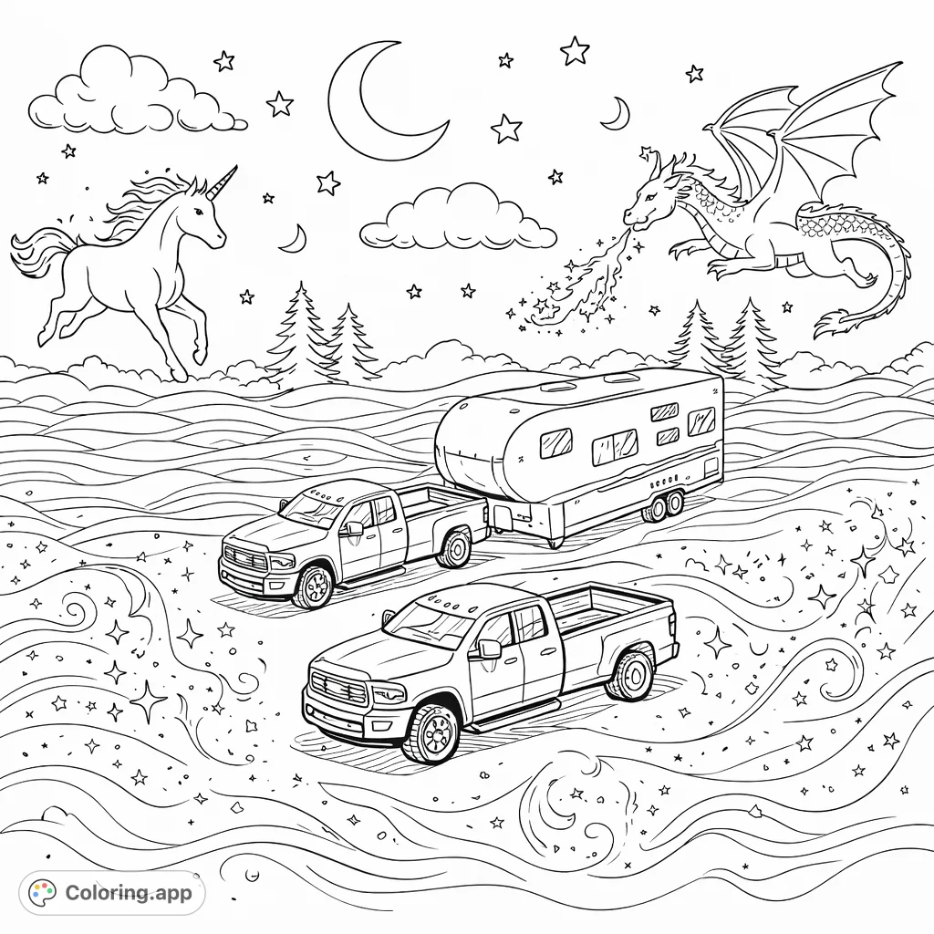 Explore a unique fantasy vehicle coloring page featuring two rugged trucks and an enclosed trailer amidst a magical, starry landscape with wave patterns and clouds.