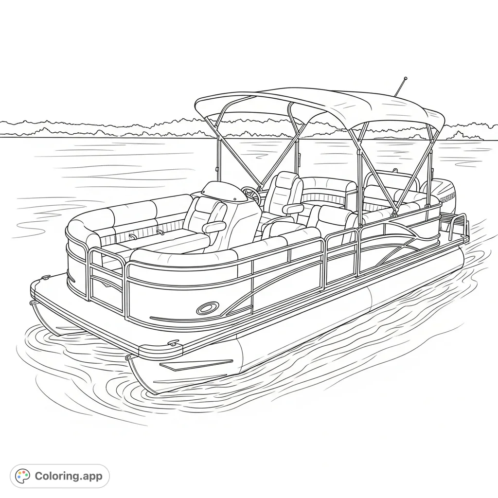 A tranquil pontoon boat floats on calm water with plush seating, a wide canopy, and a distant tree-lined shore, perfect for a relaxing coloring escape.