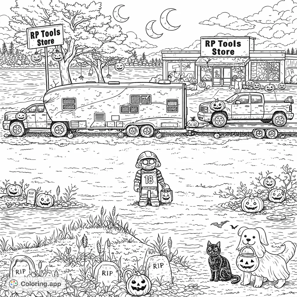 Explore a surreal vehicle convoy featuring camouflage-patterned trucks and an RV, a small player, and a lakeside backdrop. A unique coloring adventure!