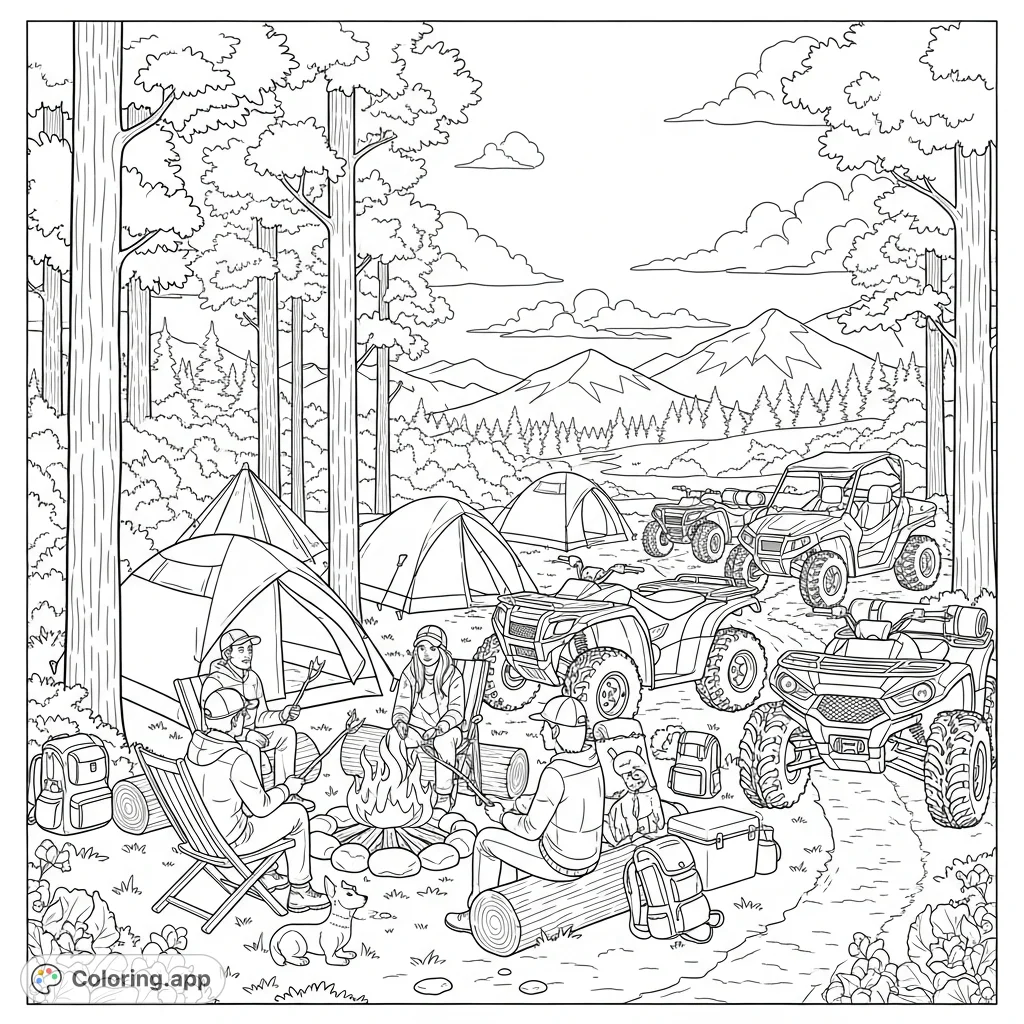 Bushwalking Colouring In Wilderness Campers and ATVs - Coloring.app