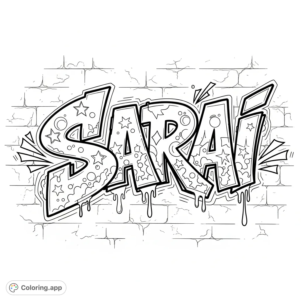 Color a dynamic graffiti artwork featuring the name Sarai. Bold letters with intricate details and urban background elements await your vibrant artistic touch.