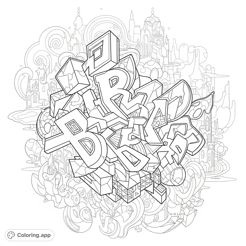 Explore an abstract fantasy realm with graffiti-inspired shapes and intricate line art. A unique coloring page blending street art with whimsical landscapes.