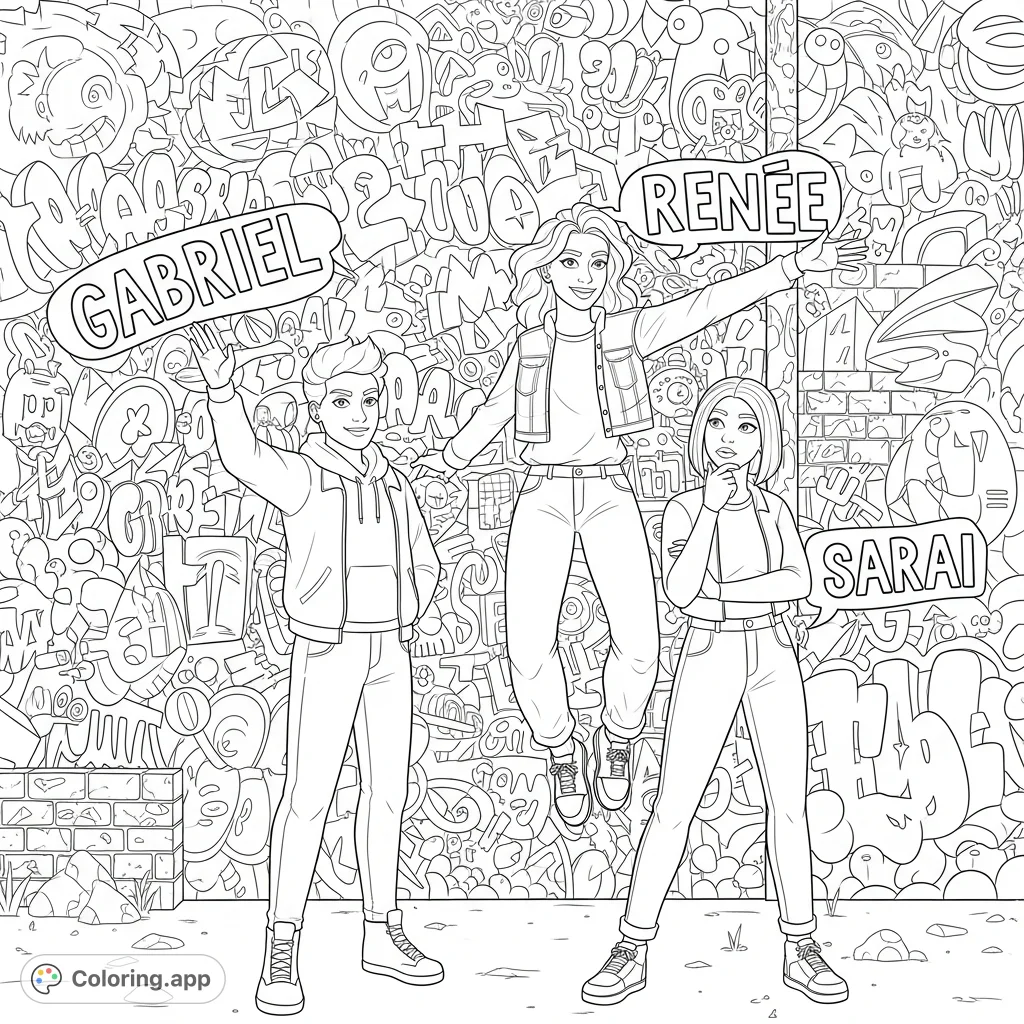 A dynamic graffiti coloring page featuring Gabriel, Renee, and Sarai amidst an urban art mural with intricate tags and characters, perfect for personalized coloring.