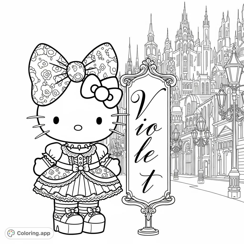 A unique Goth Hello Kitty, with a "Violet" sign, stands before an elaborate, fancy cityscape, offering a dark, whimsical twist on the classic character.