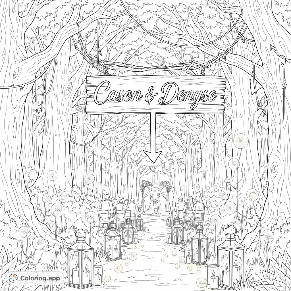 Discover a enchanting magical forest wedding coloring page, featuring a whimsical sign, a firefly-lit path, and a serene wedding scene.