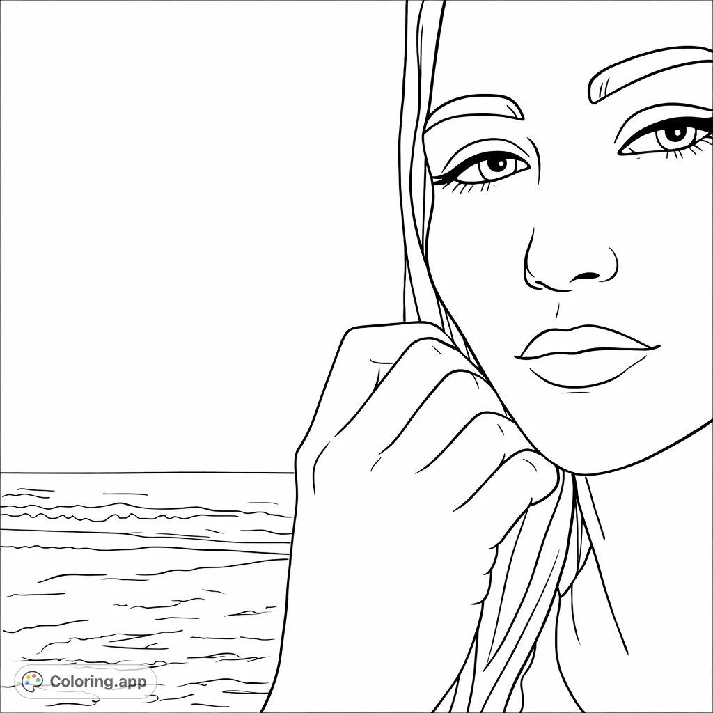 A tranquil close-up portrait of a woman with a serene expression, hand gently touching her face, set against a peaceful beach and sky backdrop.